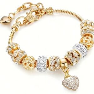Gold Heart and Rhinestone Charm Bracelet